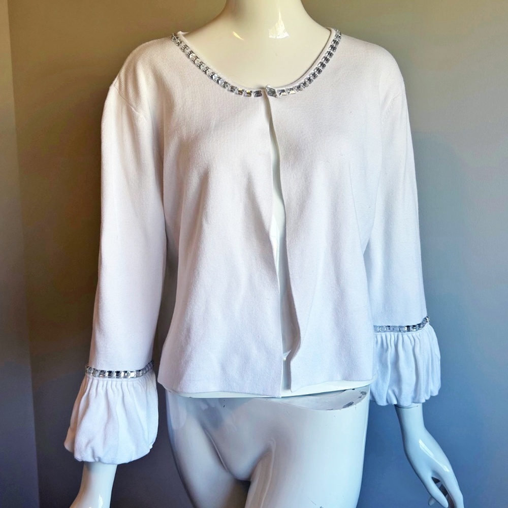Vintage Belldini sweater cardiganwith rhinestone collar and cuffs, white size XL